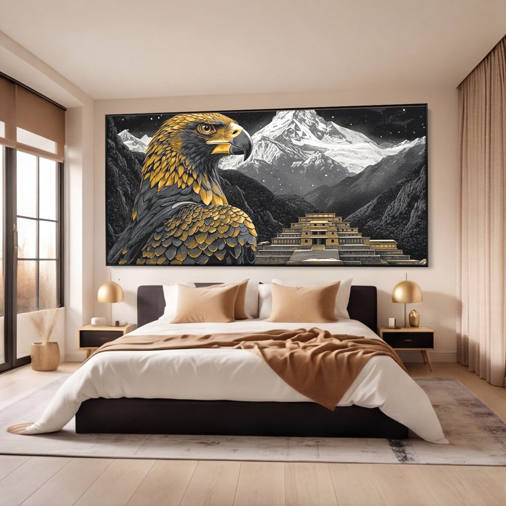 Tablou canvas cu tablou canvas cu vultur si templu aztec, in rama de aluminiu negru, pe perete intr-un dormitor